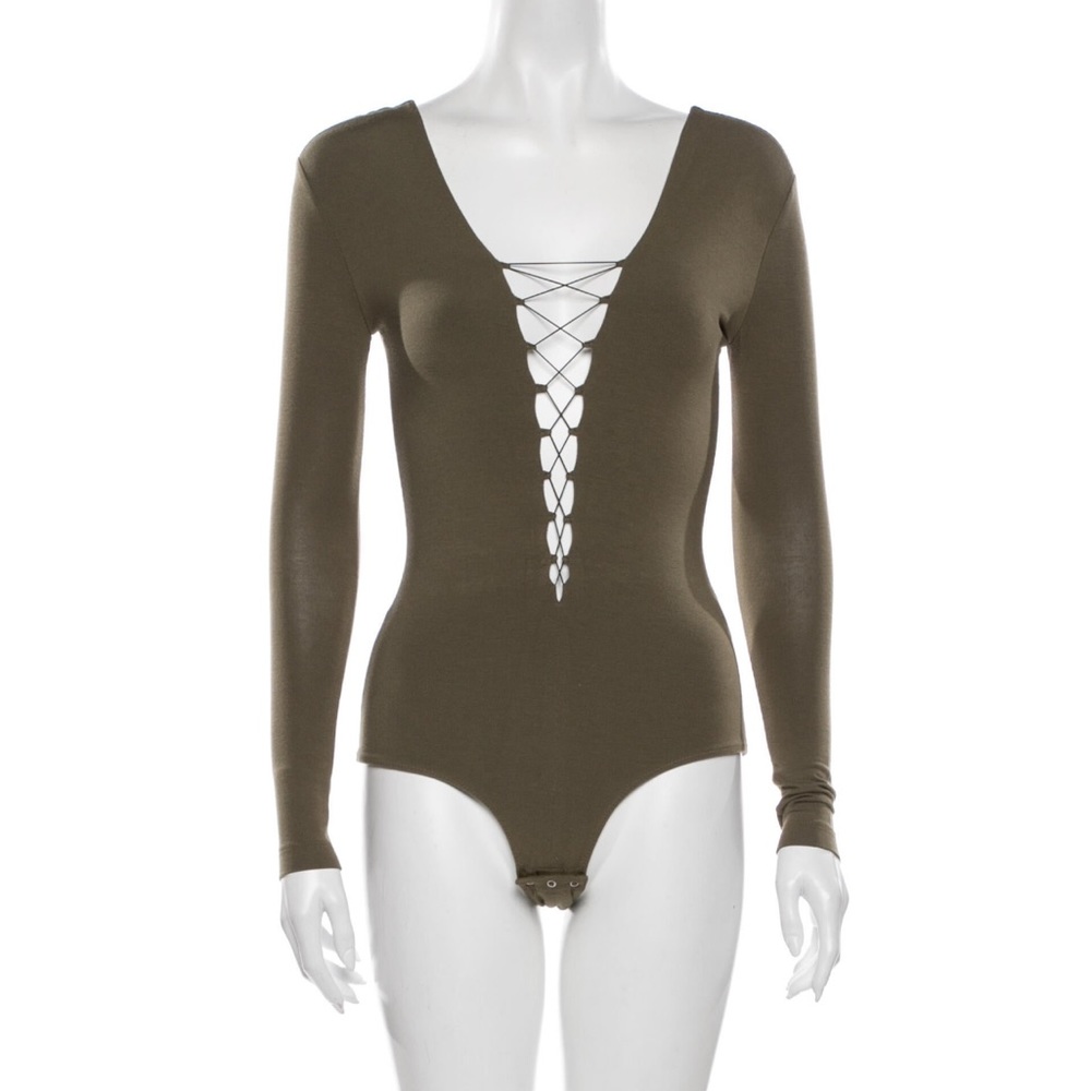 Plunge V Long Sleeve Bodysuit by Alexander Wang in Olive / Army Green. EUC. XS